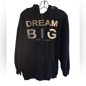 Sean John vintage zip-up hoodie in black. Size XL,
“dream big” in gold on front